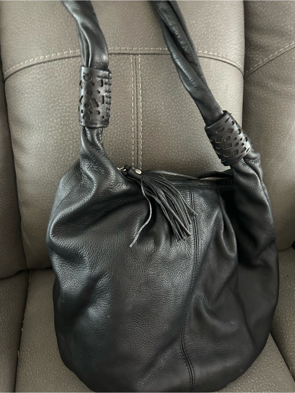 Coldwater Creek Black Leather Hobo with Tassel and Cutout Strap Accents